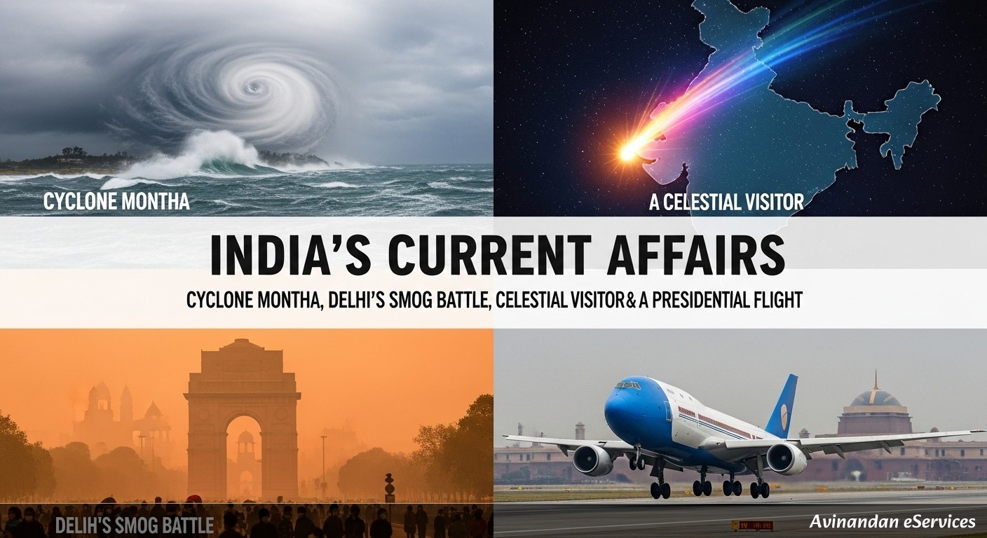 India's Current Affairs: Cyclone Montha, Delhi's Smog Battle, a Celestial Visitor, and a Presidential Flight